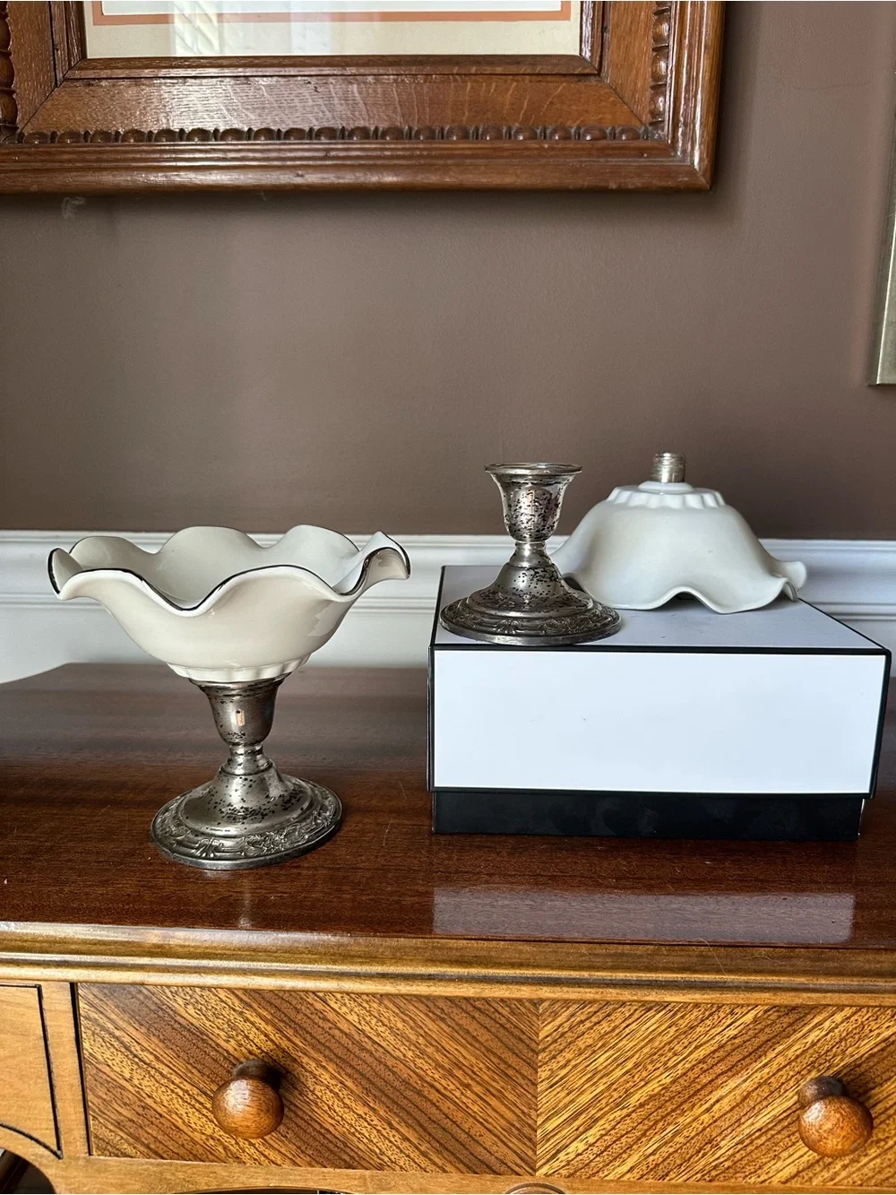 Vtg International Sterling Wild Rose N243 & Milk Glass Compotes & Candle Holders